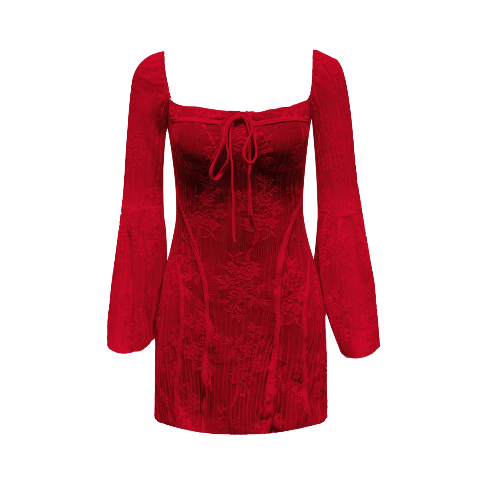 thumbnail image 4 of Vestido mini ajustado elegante de encaje con manga larga y espalda descubierta en línea A para mujer, 4 of 4